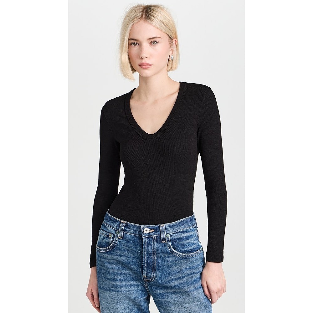 Enza Costa Ribbed V-Neck Long‎ Sleeve Bodysuit Black Cotton Stretch Size L